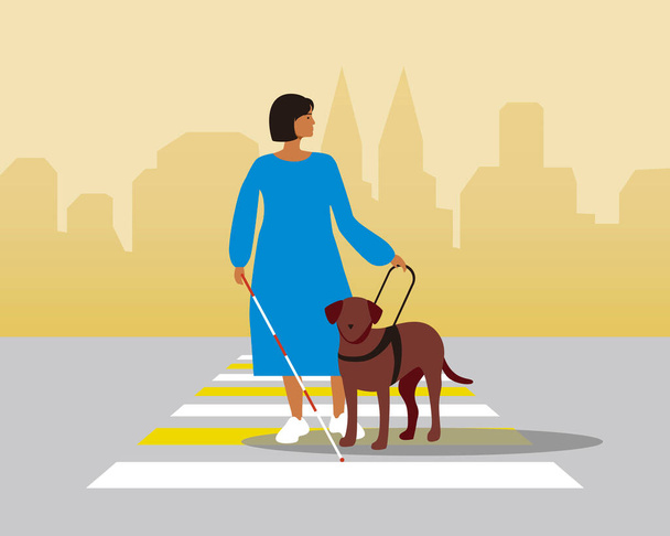 Hombre ciego con perro guía, ilustración de stock de vector plano para el día del perro guía, 27 de abril - Vector, Imagen