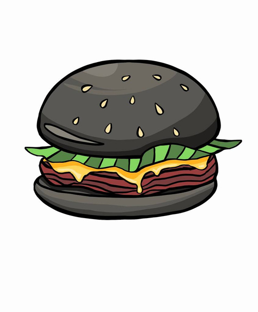 Hamburger mit frischen Tomaten, Salatblatt, gegrilltem Steak und Sesam auf Brötchen. Kalorienreiche Mahlzeiten in Schwarzbrot isoliert Cartoon flache Vektorillustration. Vektorillustration - Vektor, Bild
