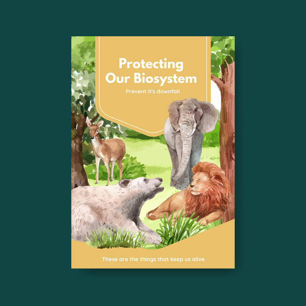 Modelo de cartaz com biodiversidade como espécie natural da vida selvagem ou conceito de proteção da fauna, estilo aquarela - Vetor, Imagem