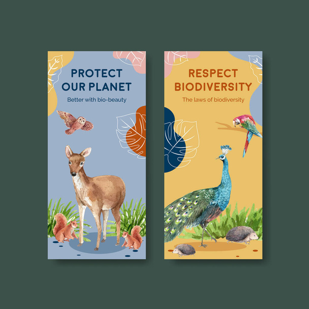 Modelo de panfleto com biodiversidade como espécie natural da vida selvagem ou conceito de proteção da fauna, styl aquarela - Vetor, Imagem
