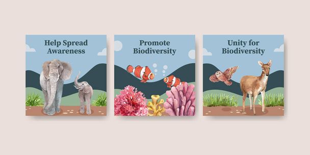 Banner šablona s biodiverzitou jako přírodní druhy volně žijících živočichů nebo koncepce ochrany živočichů, akvarel styl - Vektor, obrázek