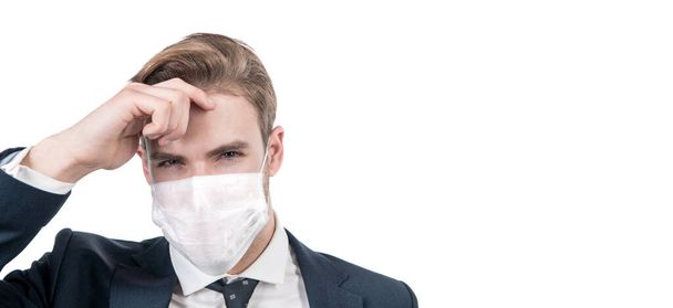 boss man in medical mask during coronavirus quarantine. avoid pandemic spread. wear protection against infection virus. safety business. businessman in respirator. covid19 prevention. copy space. - Photo, Image