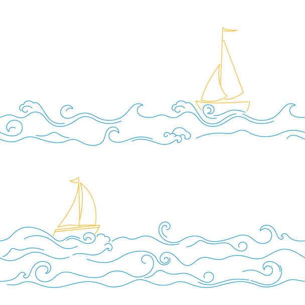 Nautical seamless pattern. Ocean doodle wave with sailboats. - Vecteur, image