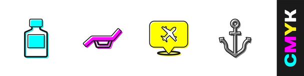 Set Whiskey bottle, Sunbed and umbrella, Speech bubble with airplane and Anchor icon. Vector - Vector, imagen
