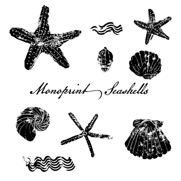 Conjunto de iconos de efecto de sello de conchas marinas y estrellas de mar. Técnica de impresión mono. Vector - Vector, Imagen