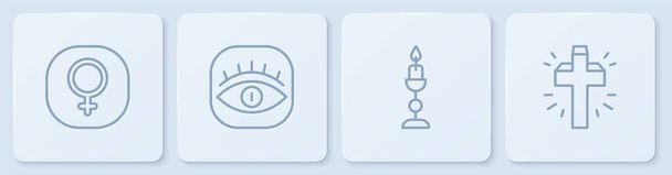 Çizgi Venüs, yanan mum, masonlar ve Hıristiyan haçı. Beyaz kare düğme. Vektör - Vektör, Görsel
