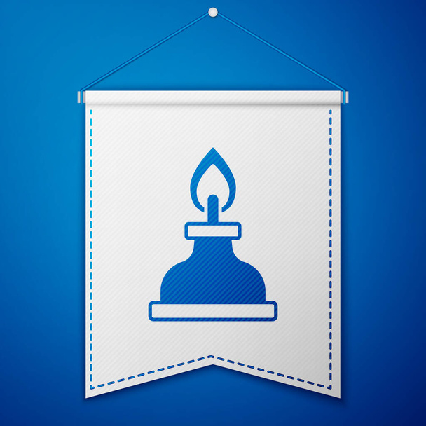 Blue Alcohol or spirit burner icon isolated on blue background. Chemical equipment. White pennant template. Vector. - Vector, Image