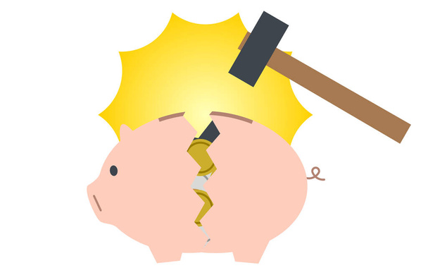 Bild von Ersparnissen, bei denen man mit dem Hammer ein Sparschwein zerbricht und Geld herausnimmt - Vektor, Bild