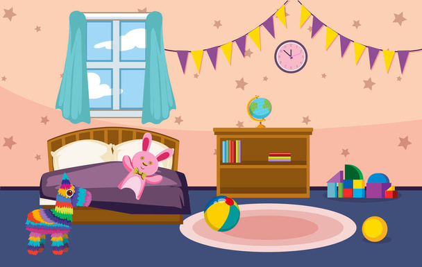 Όμορφη ροζ κρεβατοκάμαρα για μικρό γλυκό κορίτσι. - Διάνυσμα, εικόνα