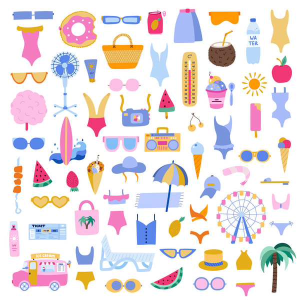 Big summer hand drawn vector summer set, clipart, objects, icons collection (socks, stickers, papers, posters, social media, banners) - Vektör, Görsel