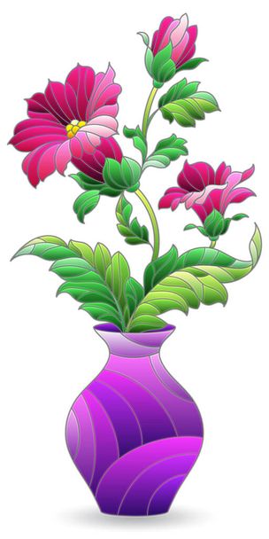 Illusztráció a stílus egy festett üveg ablak egy virágos csendélet, egy váza virágok elszigetelt fehér alapon - Vektor, kép