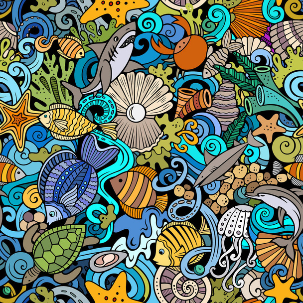 Cartoon doodles Sea Life seamless pattern. Backdrop with underwater symbols and items. Colorful detailed background for print on fabric, textile, phone cases, wrapping paper. All objects separate. - 写真・画像