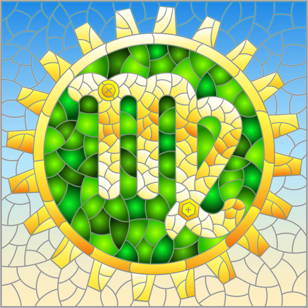 Illustration in the style of a stained glass window with an illustration of the steam punk sign of the horoscope Virgo - Vector, Image