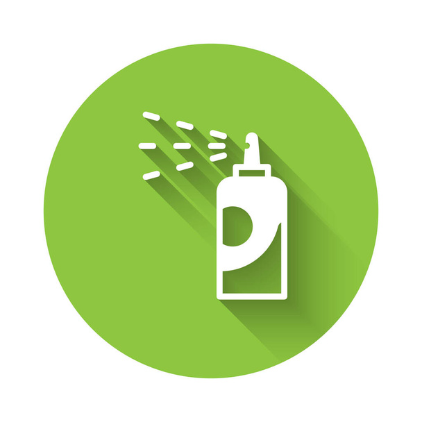 Weiße Spraydose für Haarspray, Deo, Schweißschutzsymbol isoliert mit langem Schatten. Grüner Kreis-Knopf. Vektor. - Vektor, Bild