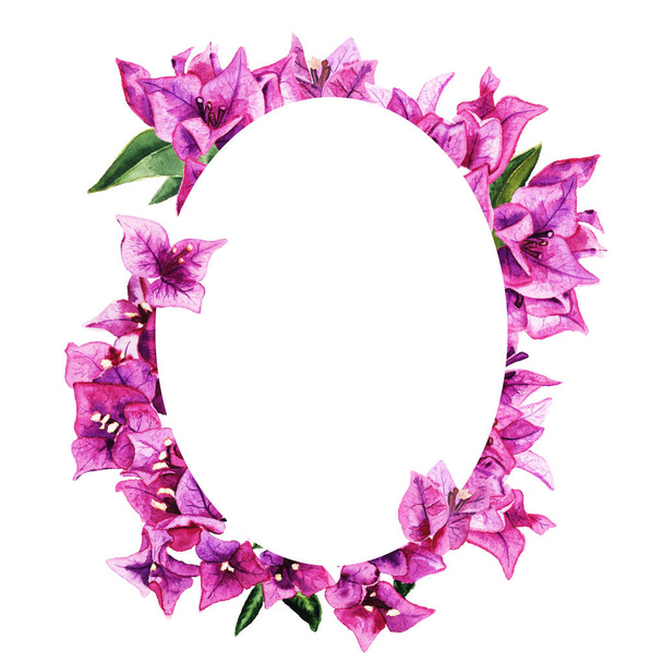 Frame with watercolor bougainvillea flowers isolated on white background - Φωτογραφία, εικόνα