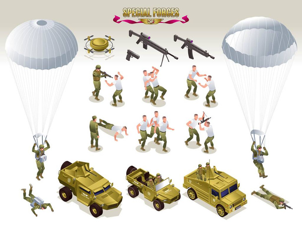 La colección de fuerzas de operaciones especiales con soldados de entrenamiento militar y vehículos militares establece iconos isométricos sobre fondo blanco aislado - Vector, Imagen