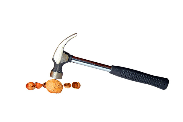 Молоток, разделяющий грецкие орехи и фундук изолирован
 - Фото, изображение