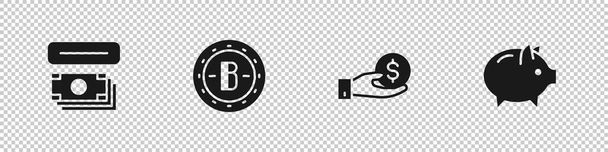 Set Geldautomaten und Geld, Bitcoin, Hand-Giving und Sparschwein-Symbol. Vektor. - Vektor, Bild