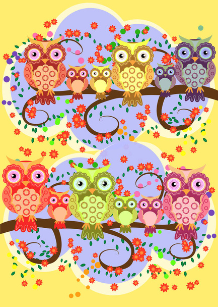 A happy family of owls on flowering tree branches, moms and children. Spring, summer, care. Mothers Day. - Vector, Imagen