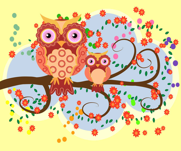 A happy family of owls on flowering tree branches, moms and children. Spring, summer, care. Mothers Day. - Vektor, Bild
