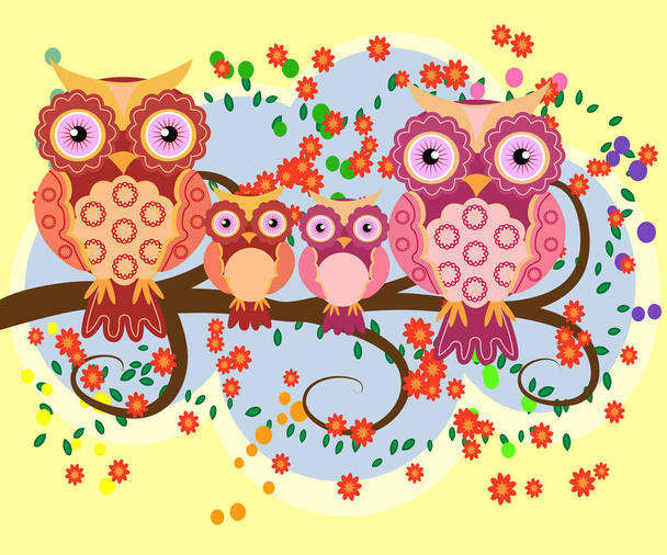 A happy family of owls on flowering tree branches, moms and children. Spring, summer, care. Mothers Day - Vetor, Imagem