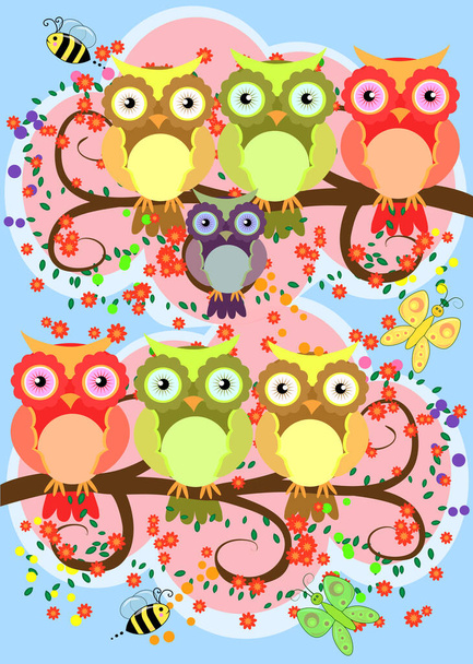 A happy family of owls on flowering tree branches, moms and children. Spring, summer, care. Mothers Day - Vector, imagen