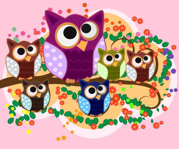 Happy family of owls on flowering tree branches. Daddies, mothers and children, grandparents. Spring, summer, honeymoon season - Vektor, Bild
