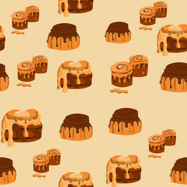 Naadloos patroon met kaneelbroodjes. Zwenkbillen. Kaneelbroodjes met suiker, topping, siroop, noten. Vector cartoon illustratie. - Vector, afbeelding
