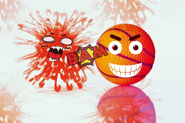 Basquete batendo o vírus Corona, ilustração engraçada de destryoing o vírus. - Foto, Imagem