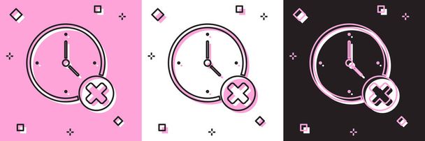 ピンクと白、黒の背景に隔離された時計の削除アイコンを設定します。時間の象徴だ。ベクトル. - ベクター画像