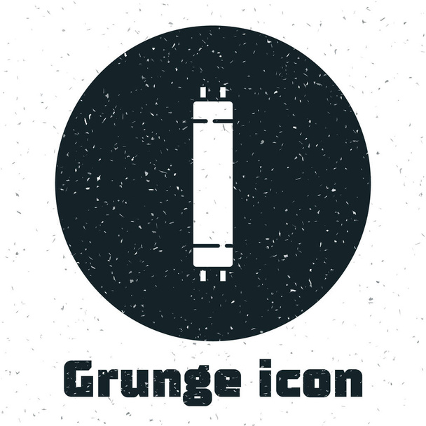 Grunge Hosszú fénysűrűség fluoreszcens energiatakarékos lámpa ikon elszigetelt fehér alapon. Monokróm vintage rajz. Vektor. - Vektor, kép