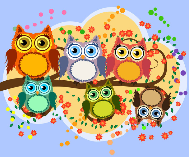 A family of bright, cartoon, cute, colorful owls on a flowering tree branch, parents, children - Vektor, Bild