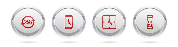 Establecer línea de reloj 24 horas, Alarma reloj aplicación móvil, y reloj de arena viejo. Botón círculo plateado. Vector - Vector, imagen