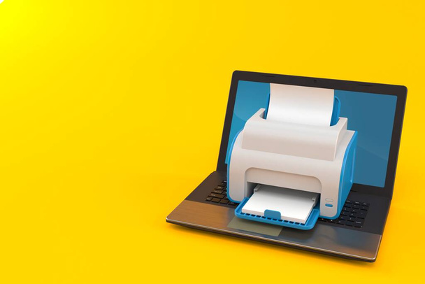 Принтер с ноутбуком изолирован на оранжевом фоне. 3d иллюстрация - Фото, изображение