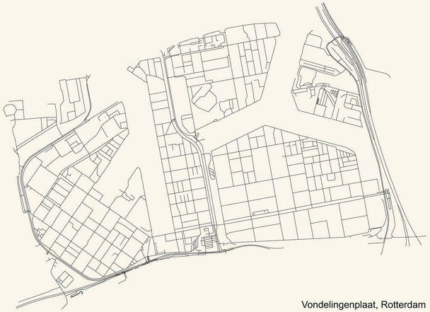 Negro simple mapa de carreteras de calle detallado en el fondo beige vintage del barrio Vondelingenplaat barrio de Rotterdam, Países Bajos - Vector, Imagen