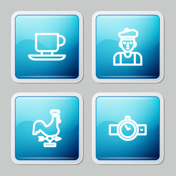 Set line Coffee cup, French man, Rooster weather vane and Wrist watch icon. Vector - Vector, Image