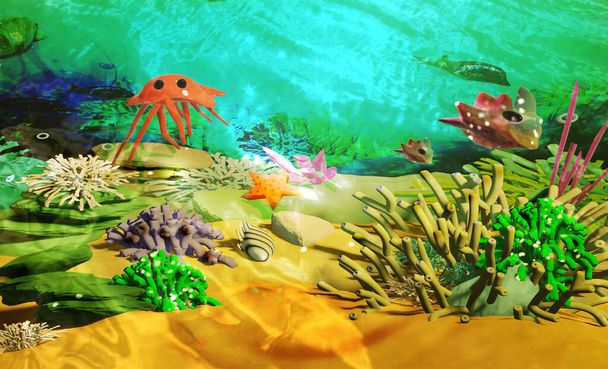 Scena subacquea. Vita marina con barriera corallina, polpo e pesci tropicali. Illustrazione rendering 3d. - Foto, immagini
