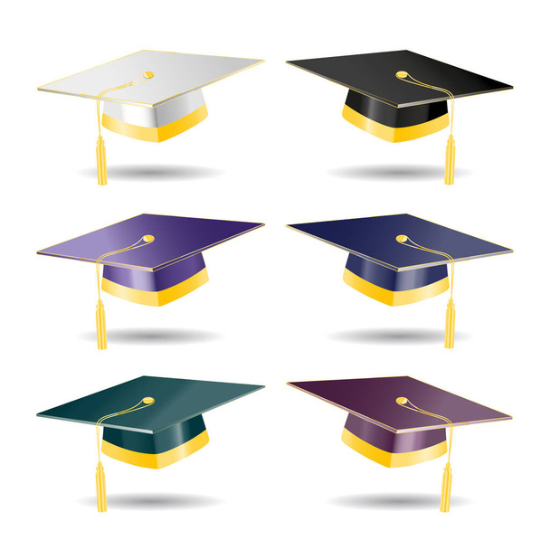 Kolekcja kapeluszy absolwentów ze złotymi elementami. Wektorowy zestaw białych, czarnych, niebieskich, fioletowych, zielonych i buraczanych czapki edukacyjne na białym tle - Wektor, obraz