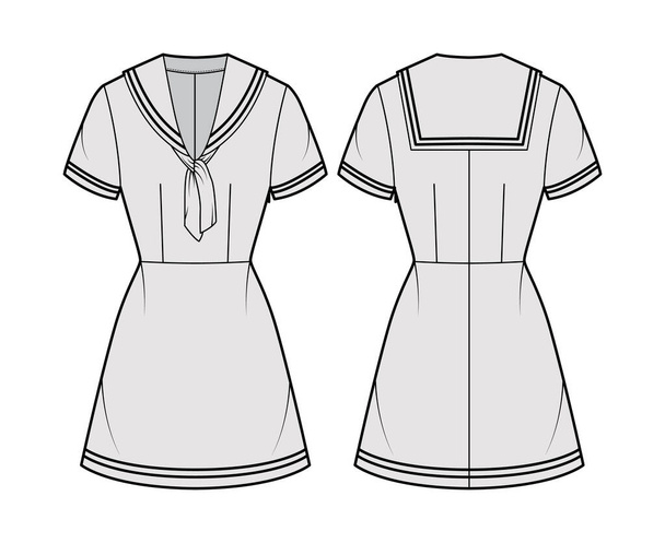 Vestido marinero ilustración técnica de moda con manga corta, ajustado, cuello medio, rayas, mini falda de lápiz de longitud - Vector, imagen