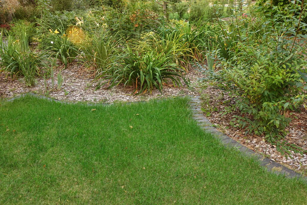 Achtertuin Tuin Modern Design Landscaping. Decoratieve Tuin Winding Pathway Walkway van zwarte stenen. Achtertuin gazon en natuurlijke Mulched grens tussen gras en gebogen bakstenen bestrating. Weg naar huis. - Foto, afbeelding