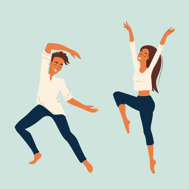 Two young dancers guy and girl, vector dancing characters in flat style, set of dancers - Vector, Image