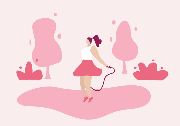 A girl jumps on a rope in the park. Flat style. - Vector, Image