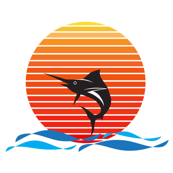 Vettore di pesci marlin blu in mare e tramonto sullo sfondo. Pesce vela che salta fuori dall'acqua azienda logo illustrazione design - Vettoriali, immagini