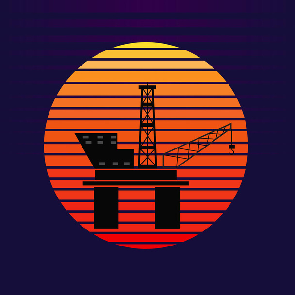 Vector de la plataforma petrolífera en alta mar sobre fondo del atardecer. Diseño de la ilustración del logotipo de la silueta de la compañía de petróleo y gas - Vector, Imagen