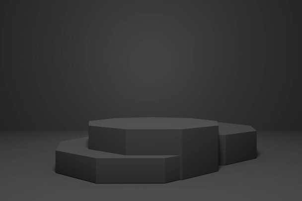 Representación en 3D de un escenario negro o podio para mostrar sus productos. Puede utilizar mostrar su producto minimalista u otros - Foto, imagen