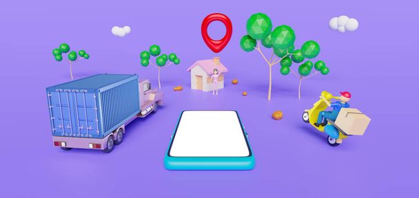 Online dodání mobilní telefon nebo on-line sledování objednávky koncept, skútr řidič s kamion a pin na venkově na fialovém pozadí, Rychlý balíček poštovné s obrazovkou mobilní telefon, 3D vykreslení - Fotografie, Obrázek