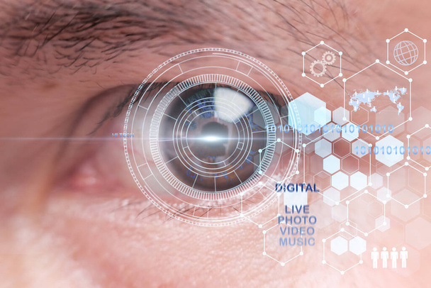 Human eye and high-tech concept, screening big data and digital transformation technology strategy, cryptocurrency financial systems concept, High Technologies in the future - Photo, Image
