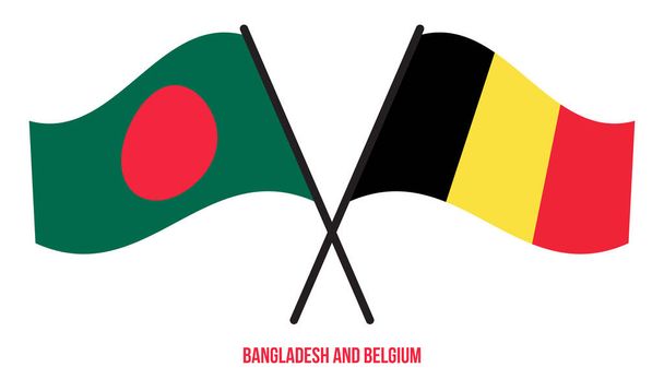Bangladesh e Belgio Bandiere attraversato e sventolando stile piatto. Proporzione ufficiale. Colori corretti. - Vettoriali, immagini