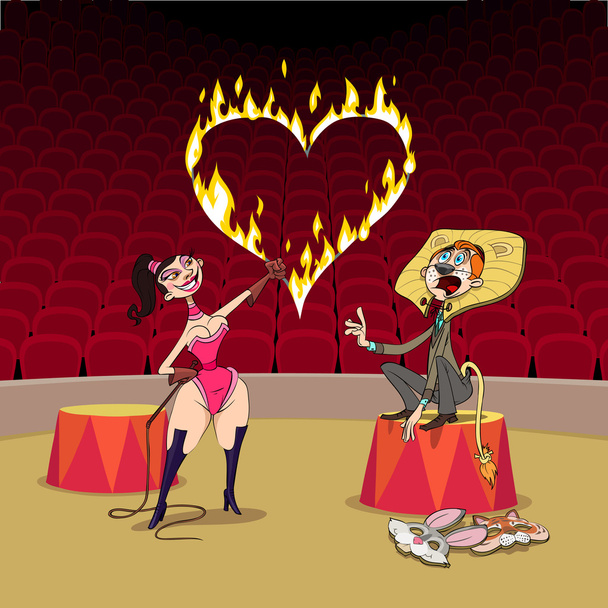 En el circo del Día de San Valentín, la chica juega un entrenamiento de depredador con su novio. - Vector, imagen