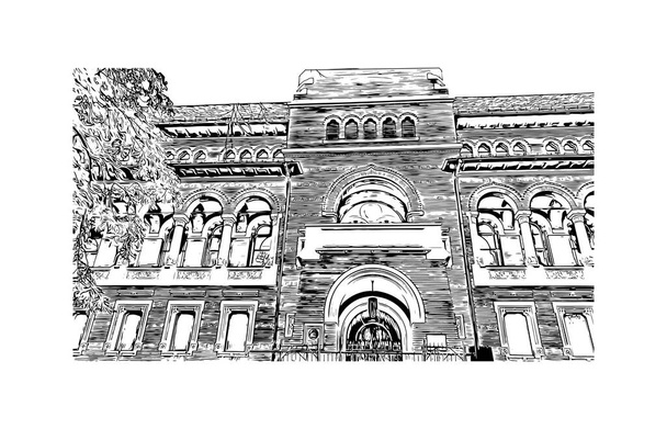Print Вид на здание с достопримечательностью Бухареста - столицы Румынии. Ручной рисунок в векторе. - Вектор,изображение